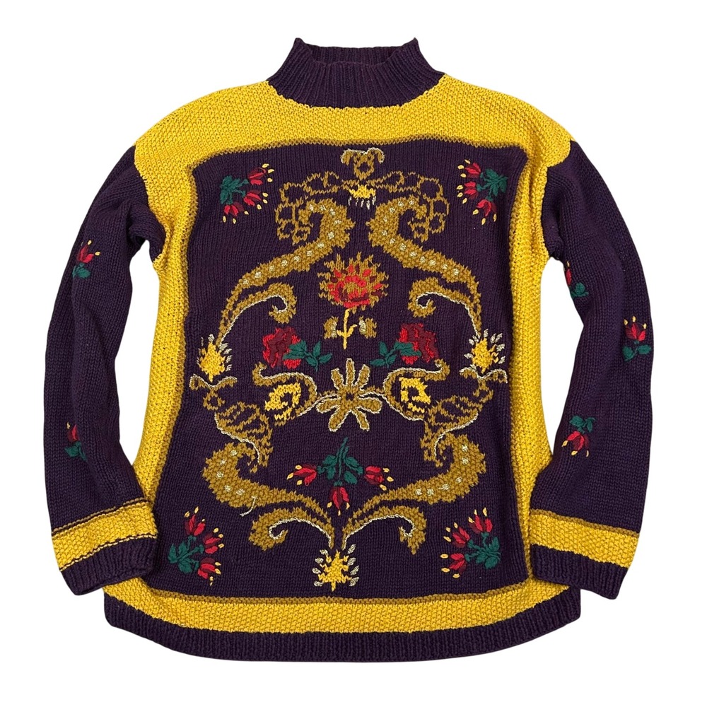 VTG Hand Knit Sweater Mock Neck Embroidered Floral Purple Gold Whimsey Cottage L